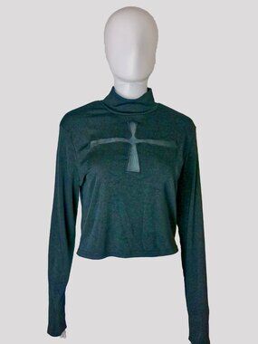 Black Mock Neck Cross Long Sleeve Crop Top